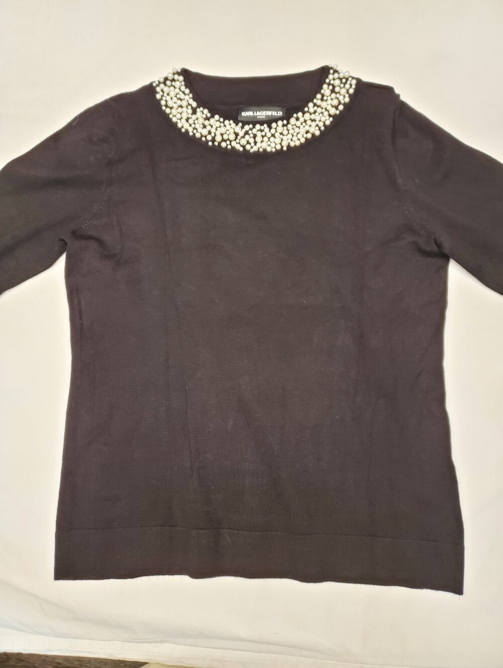 Karl Lagerfeld Paris Black Pearl Embellished Neckline Sweater Knit